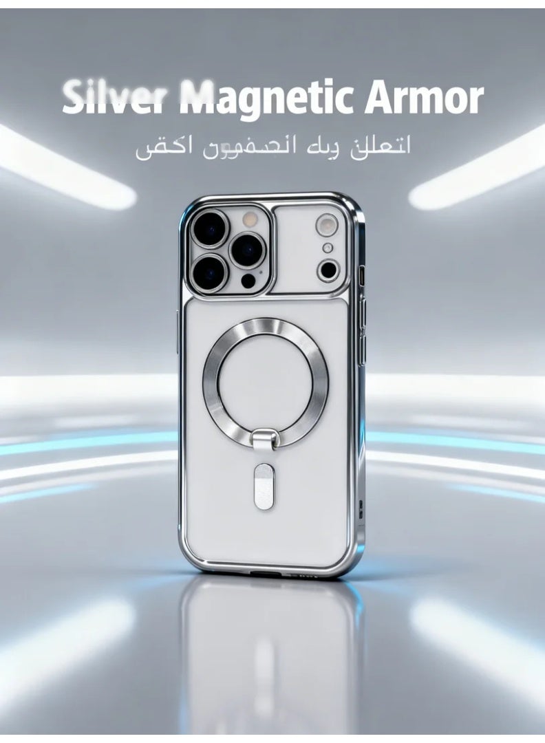 وبوت جي سي سي جراب مغناطيسي لهاتف آيفون 17 برو ماكس بتصميم شفاف مع إطار مطلي كهربائيًا باللون الفضي، غطاء TPU ناعم مقاوم للصدمات، حماية مدمجة لعدسة الكاميرا، حلقة مغناطيسية قوية متوافقة مع الشحن المغناطيسي، جراب حماية مانع للسقوط بتغطية كاملة ولمسة فضية أنيقة - Image 3